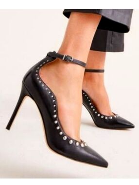 Sam Edelman Helen Studded Ankle Strap Pump Black Leather Womens Size 7.5M EUC